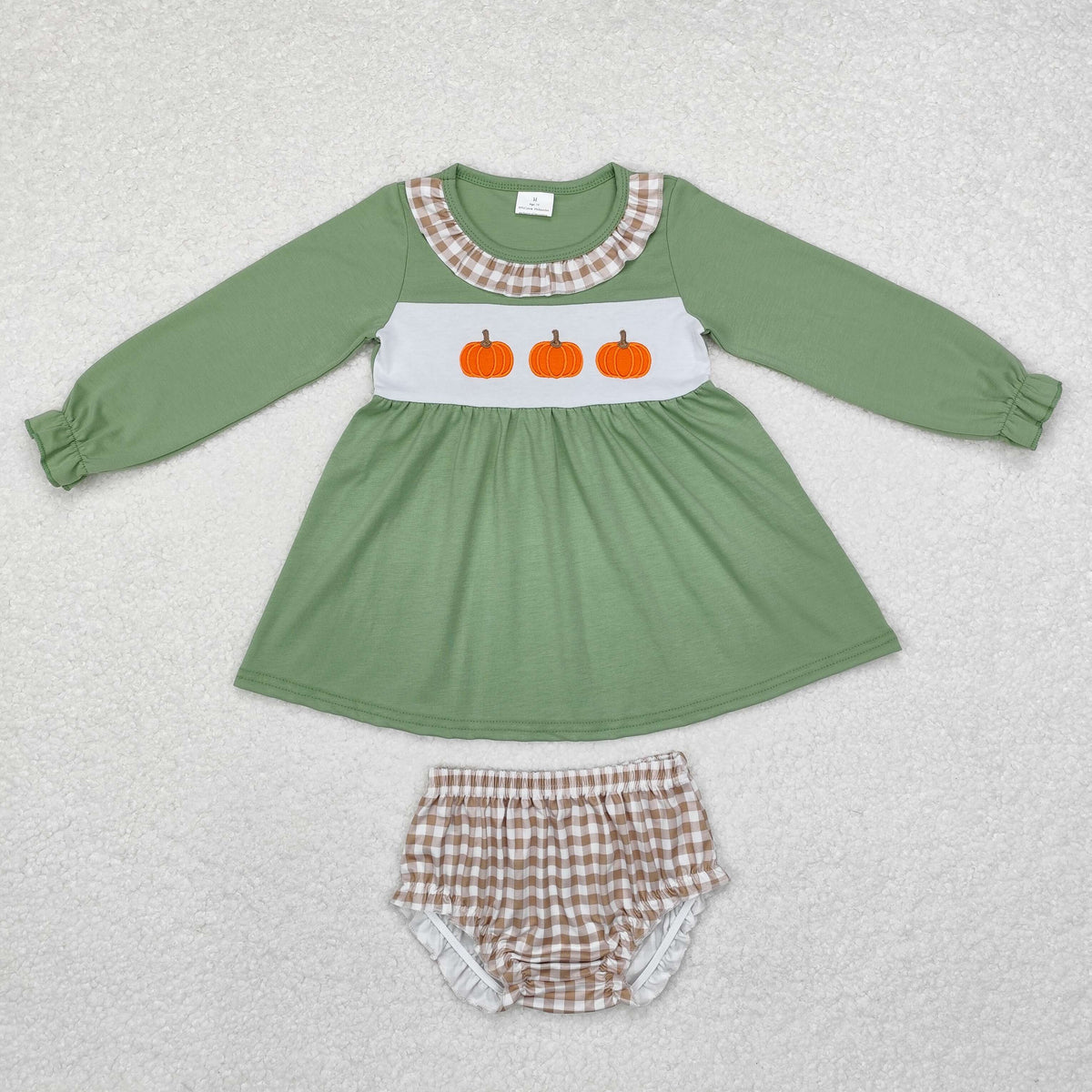 GBO0434 Pumpkin Embroidery Green Tunic Top Checkered Shorts Baby Girls Fall Bummie Set