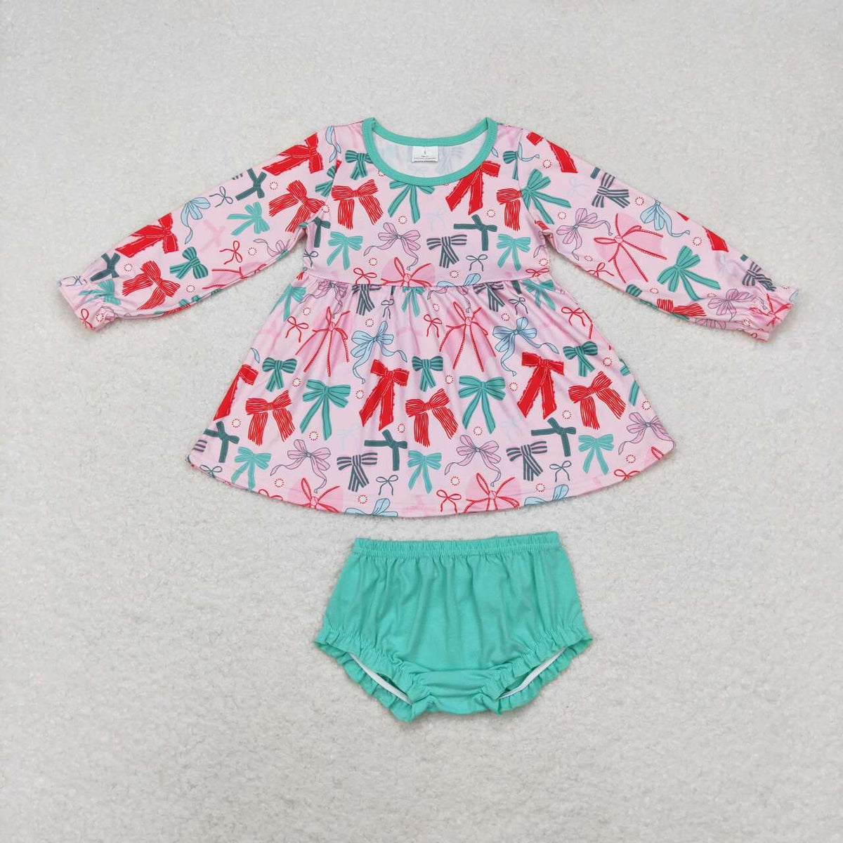 GBO0437 Bows Tunic Top Green Shorts Baby Girls Christmas Bummie Set