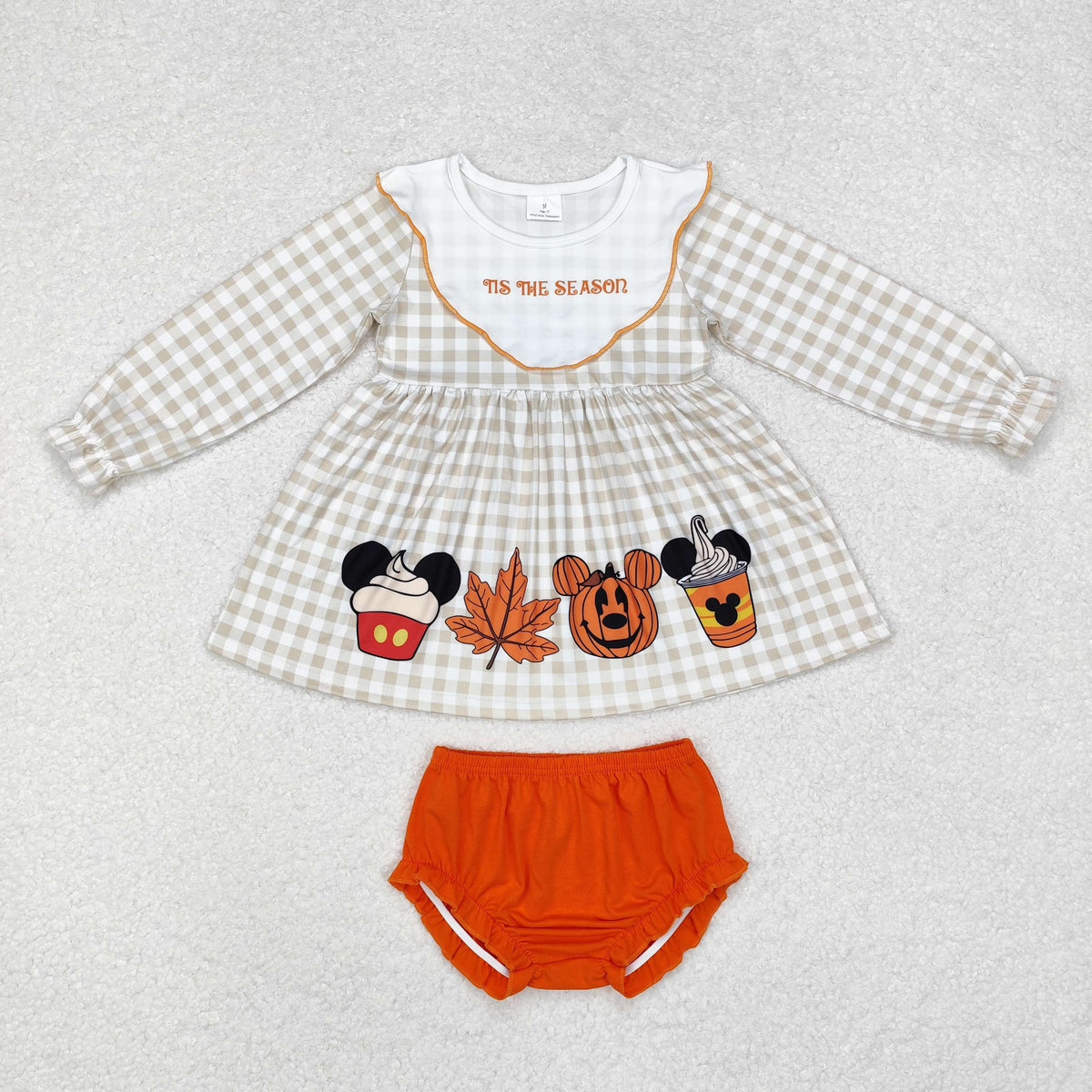 GBO0442 Cartoon Mouse Pumpkin Checkered Tunic Top Orange Shorts Baby Girls Halloween Bummie Set