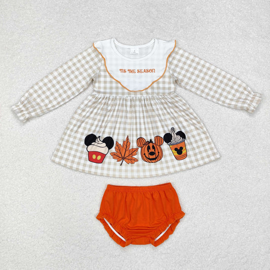 GBO0442 Cartoon Mouse Pumpkin Checkered Tunic Top Orange Shorts Baby Girls Halloween Bummie Set