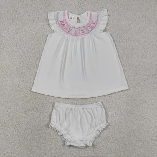 GBO0490 BABY SISTER Embroidery Tunic Top White Shorts Baby Girls Smocked Bummie Set
