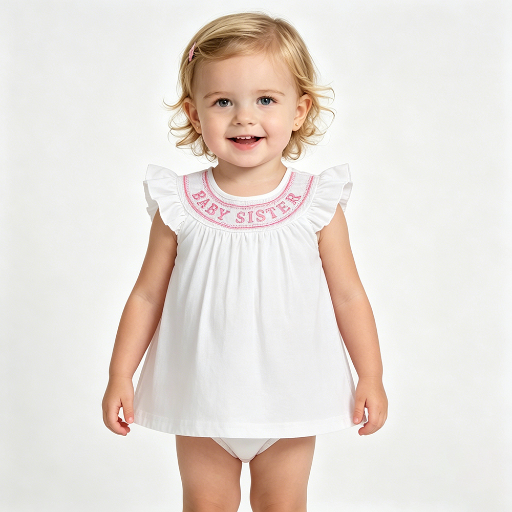 GBO0490 BABY SISTER Embroidery Tunic Top White Shorts Baby Girls Smocked Bummie Set