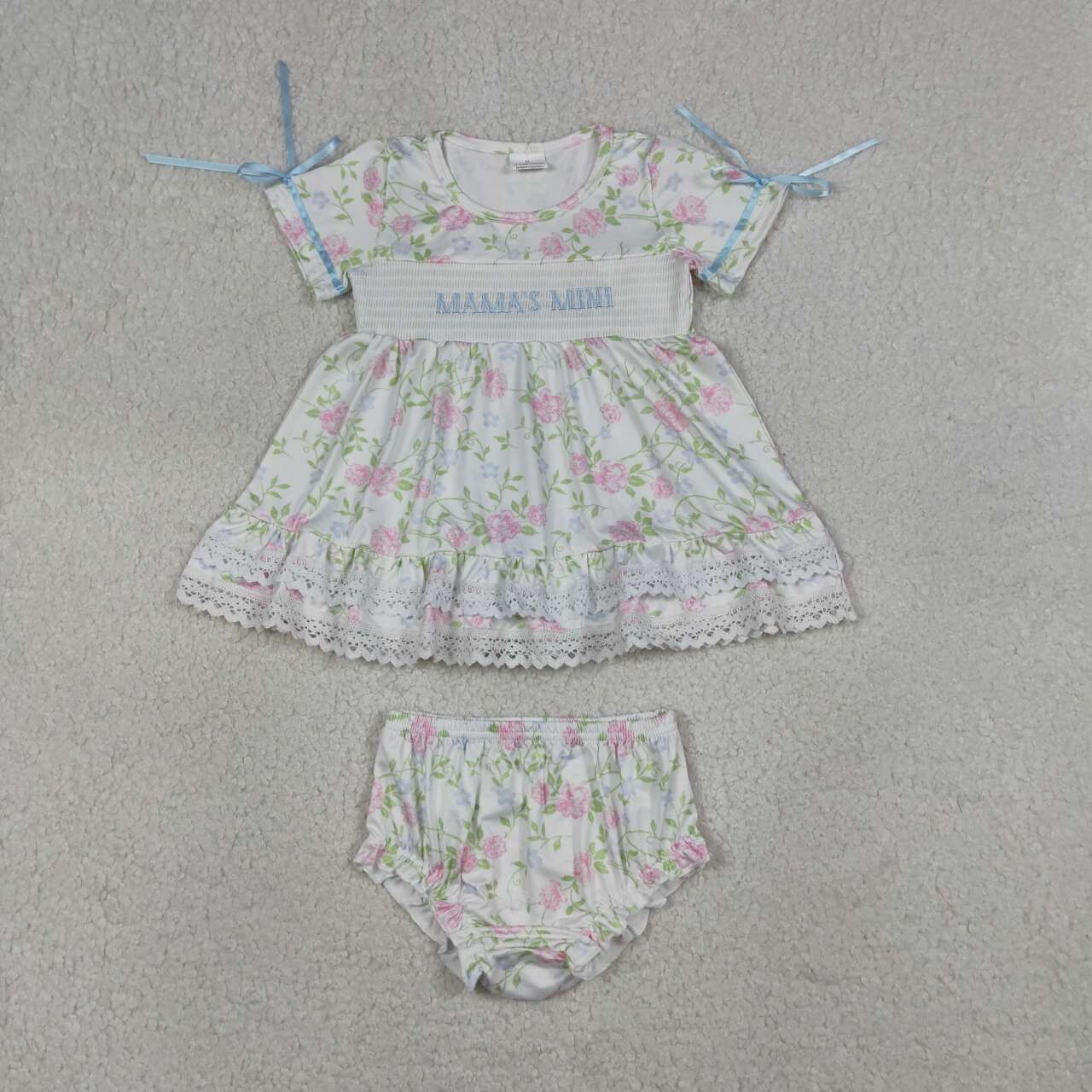GBO0498 Toddler Girls "Mama's Mini" Embroidery Floral Lace Ruffle Dress & Bloomers Smocked Set, Kids Summer Outfit