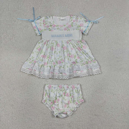GBO0498 Toddler Girls "Mama's Mini" Embroidery Floral Lace Ruffle Dress & Bloomers Smocked Set, Kids Summer Outfit
