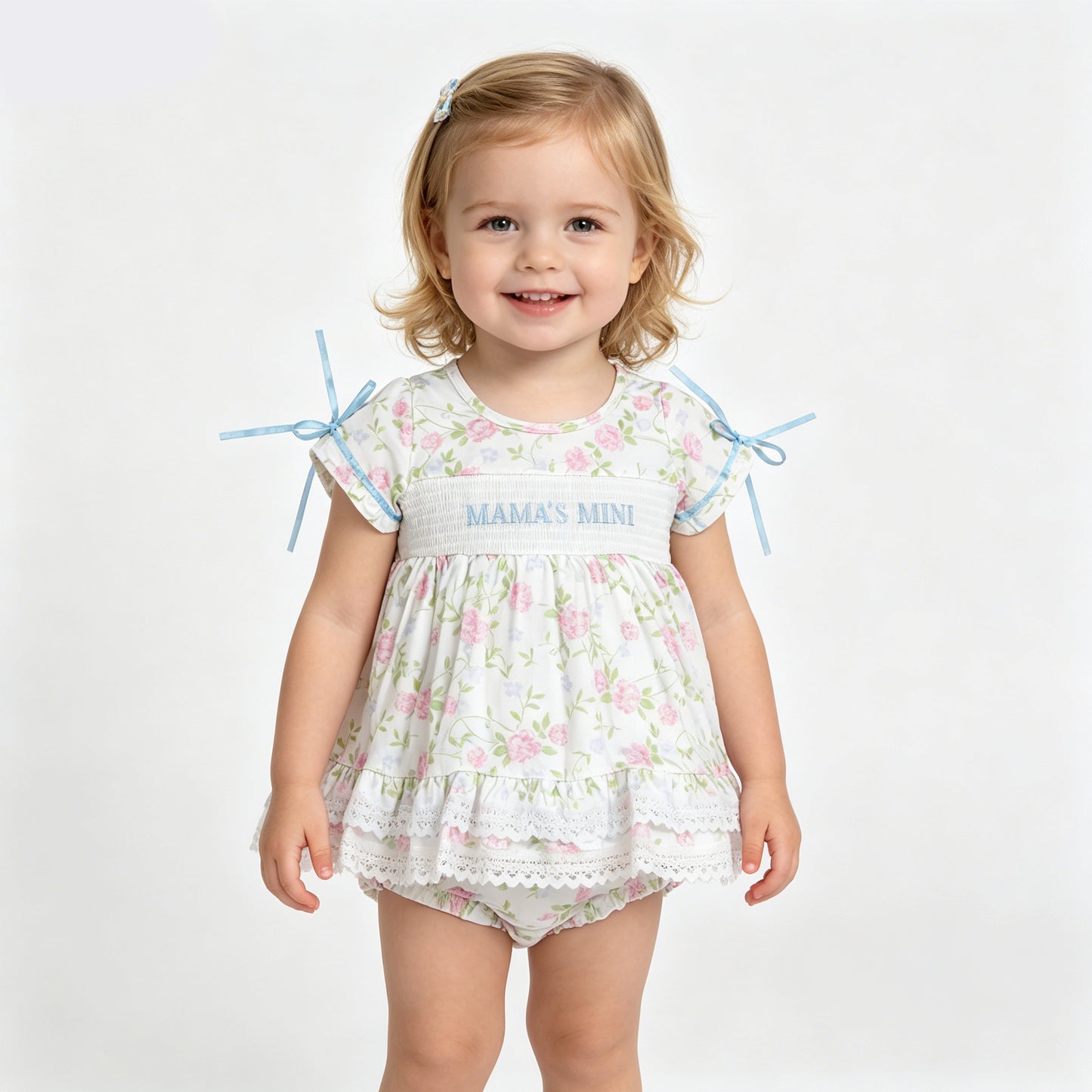GBO0498 Toddler Girls "Mama's Mini" Embroidery Floral Lace Ruffle Dress & Bloomers Smocked Set, Kids Summer Outfit