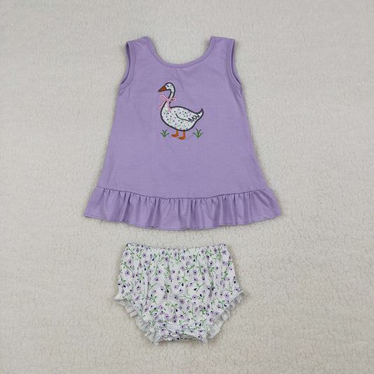 GBO0502 Goose Embroidery Floral Lavender Baby Girls Summer Backless Bummie Set
