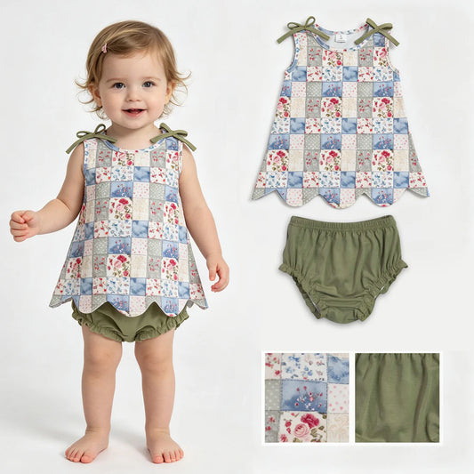 GBO0511 Small Flowers Checkerd Scallop Top Green Shorts Baby Girls Summer Bummie Set