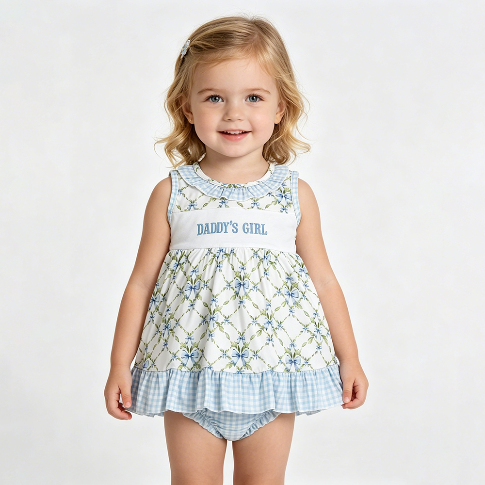 GBO0512 Daddy's Girl Embroidery Flowers Bows Tunic Top Plaid Shorts Baby Girls Bummie Set