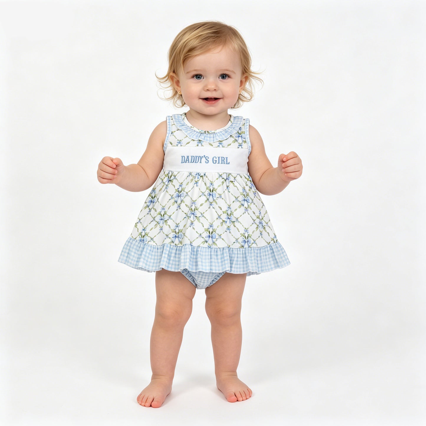 GBO0512 Daddy's Girl Embroidery Flowers Bows Tunic Top Plaid Shorts Baby Girls Bummie Set