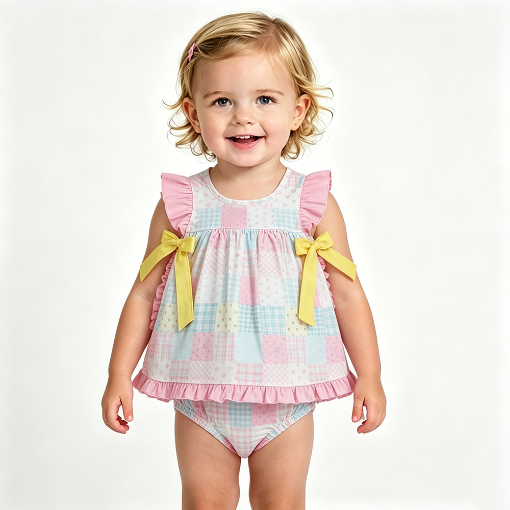 GBO0513 Cute Baby Girls Floral Patch Tunic Top Summer Bummie Set