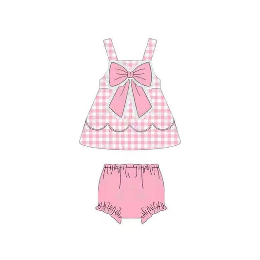 3.18 GBO0514 Preorder Plaid Big Bow Tunic Top Pink Shorts Baby Girls Summer Bummie Set