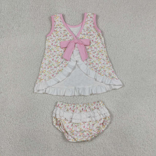 GBO0518 Pink Yellow Small Flowers Baby Girls Backless Bummie Set