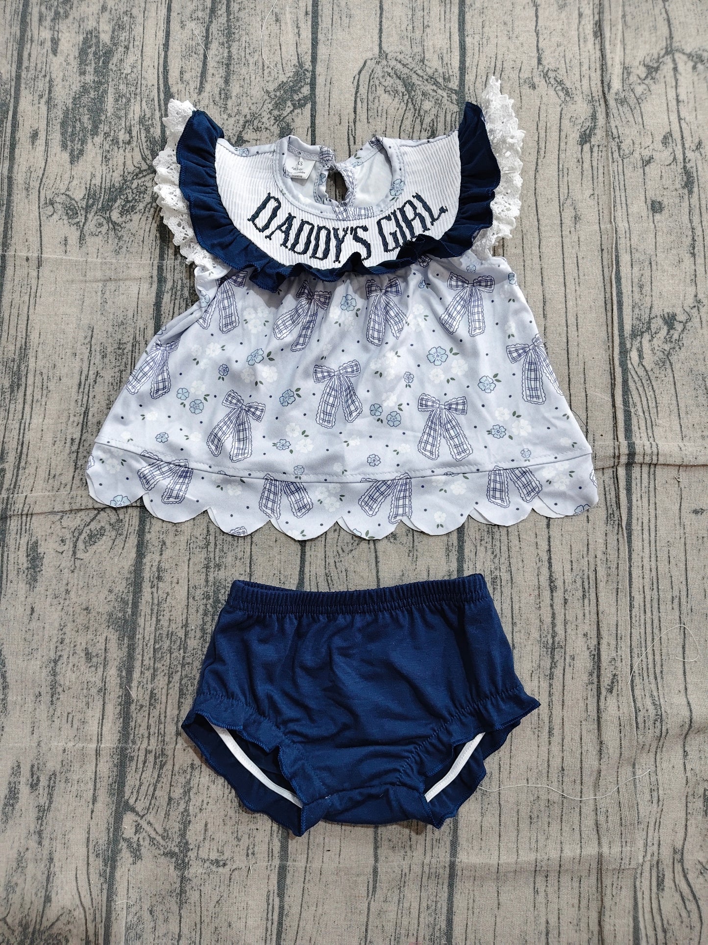 Daddy's Girl Blue Bow Smocked Bummie Set Preorder