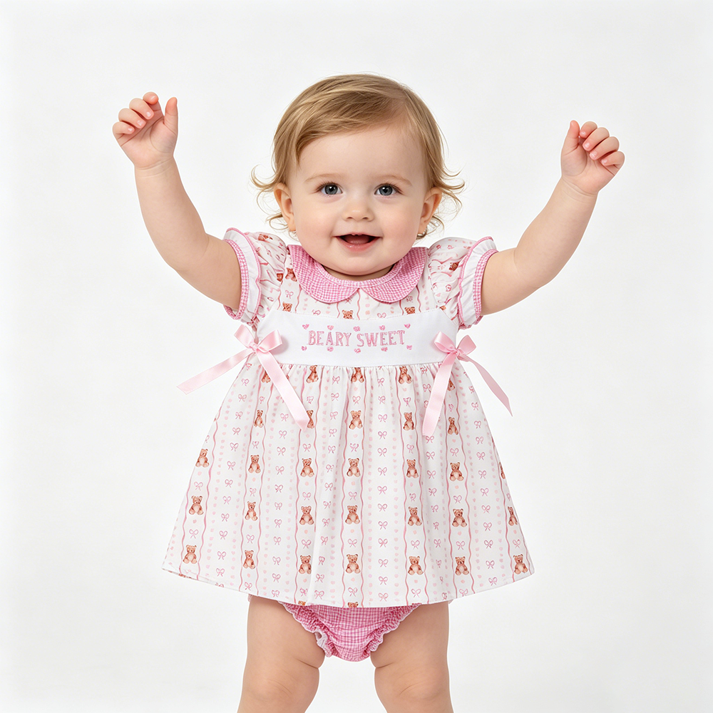 GBO0520 Beary Sweet Embroidery Bear Pink Bow Baby Girls Doll Collar Bummie Set