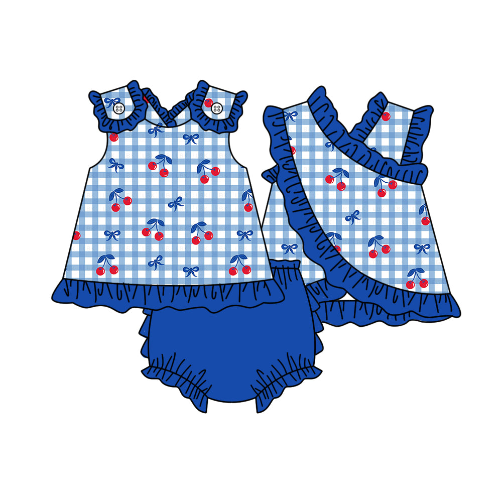 3.26 GBO0523 Baby Girls Cherry Blue Gingham Bummie Outfit Preorder