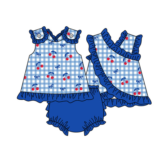 3.26 GBO0523 Baby Girls Cherry Blue Gingham Bummie Outfit Preorder