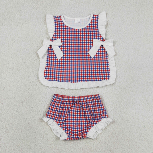 GBO0527 Baby Girls Red Blue Gingham 4th of July Bummie Set With Bow