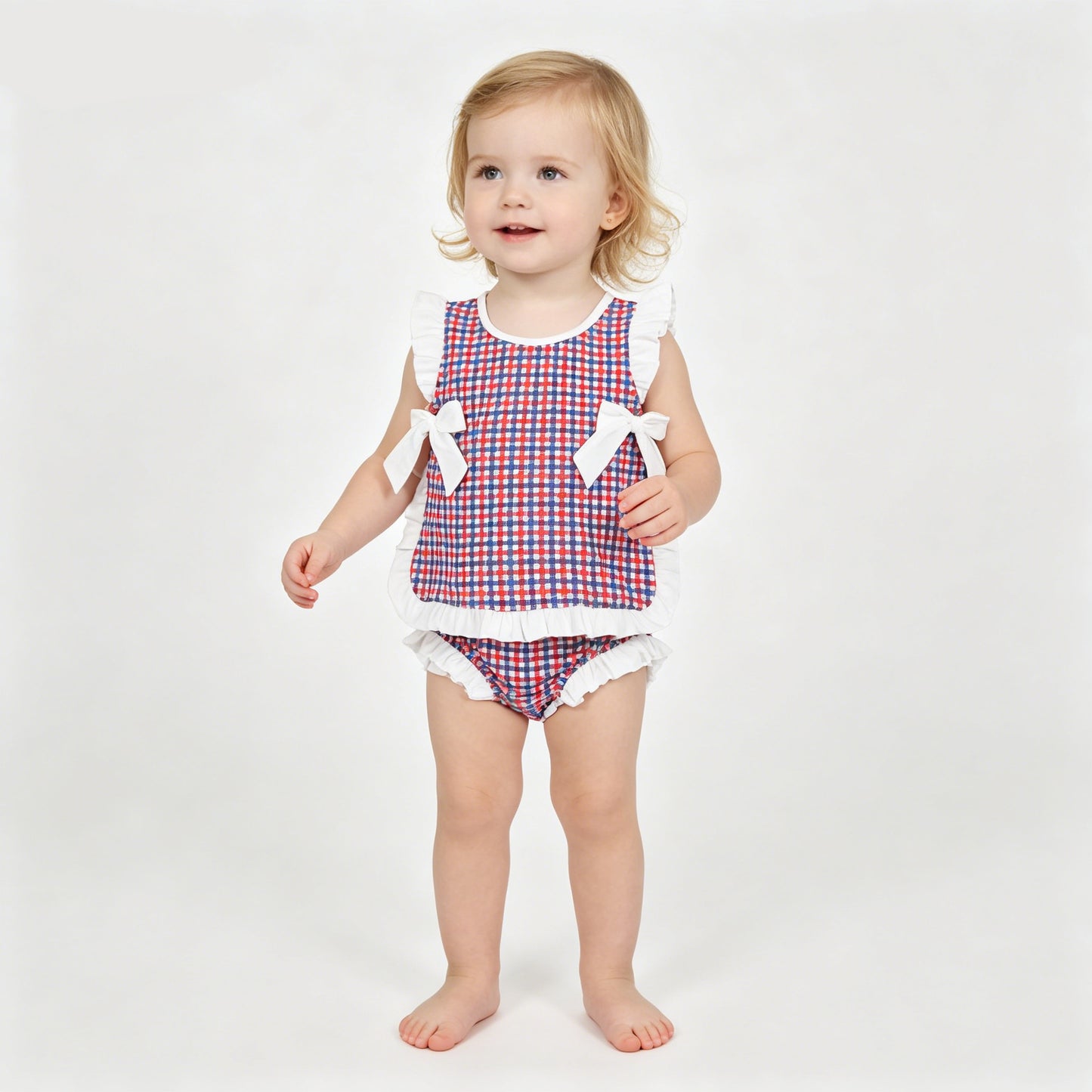 Sibling Baby Blue Red GIngham Bummie Set