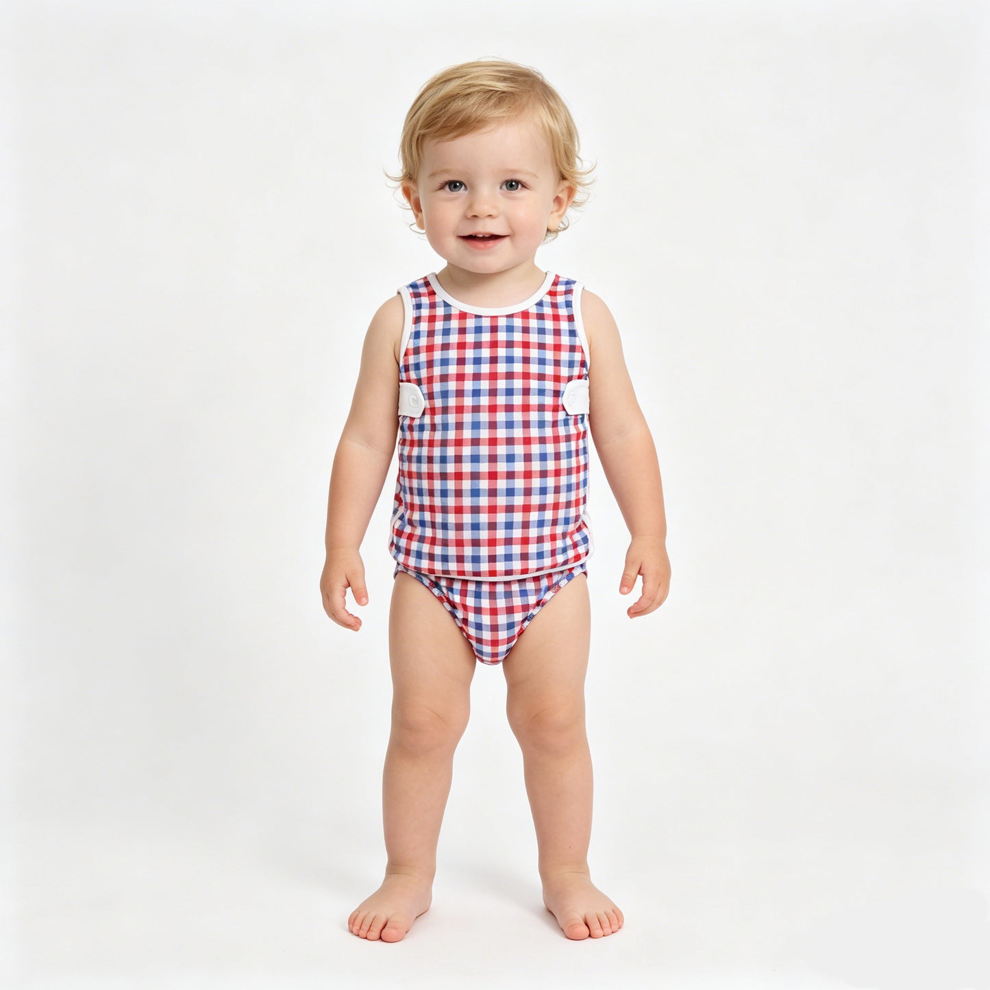 Baby Boy Blue Red Gingham 4th of July Bummie Set
