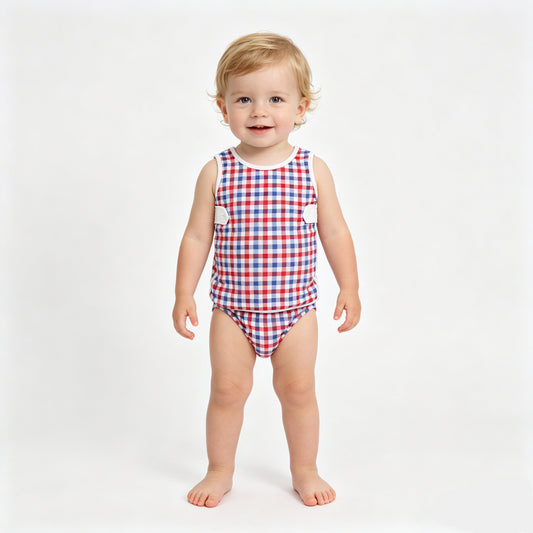 Baby Boy Blue Red Gingham 4th of July Bummie Set