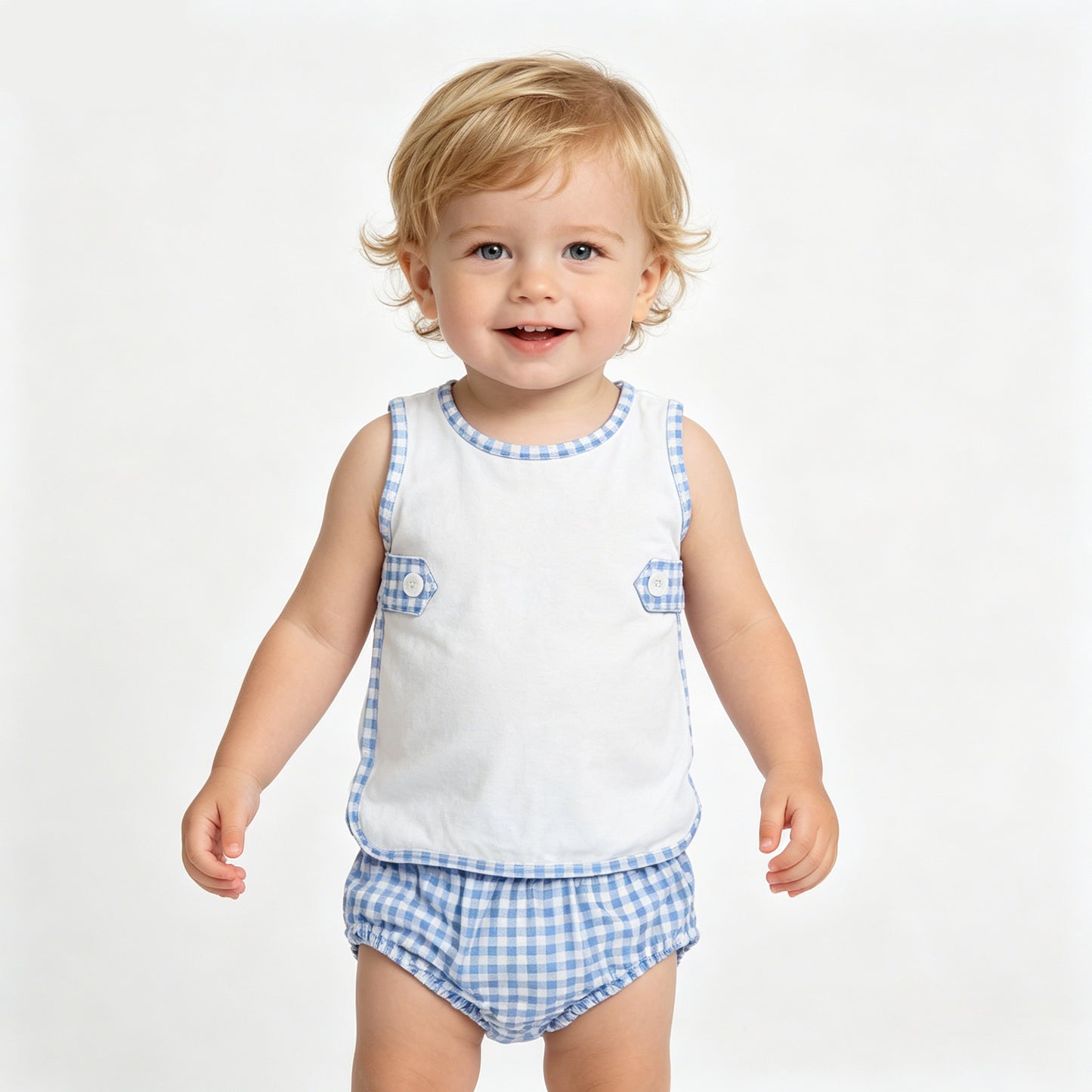 GBO0532 White Sleeveless Top Baby Boy Blue Gingham Bummie Set