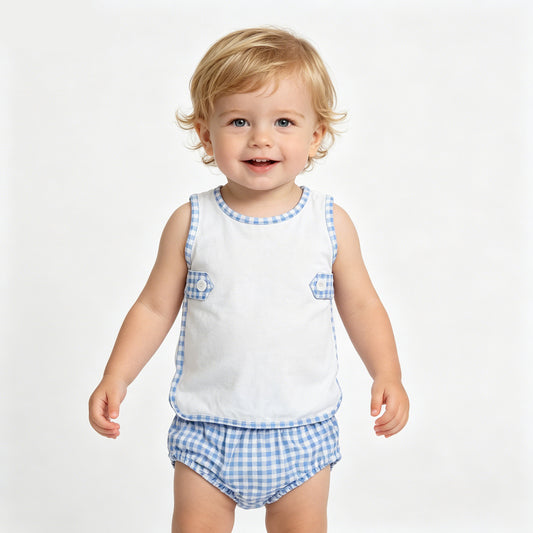 GBO0532 White Sleeveless Top Baby Boy Blue Gingham Bummie Set