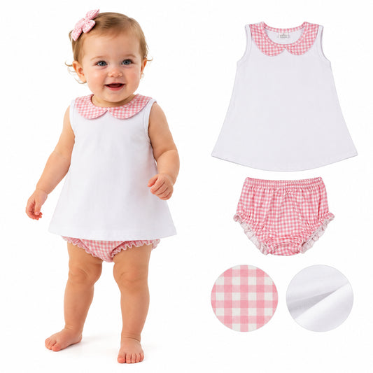 GBO0538 Sleeveless White Top Pink Gingham Baby Girls Summer Bummie Set