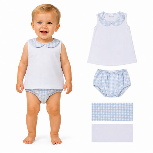 GBO0539 Sleeveless White Top Blue Gingham Baby Summer Bummie Set