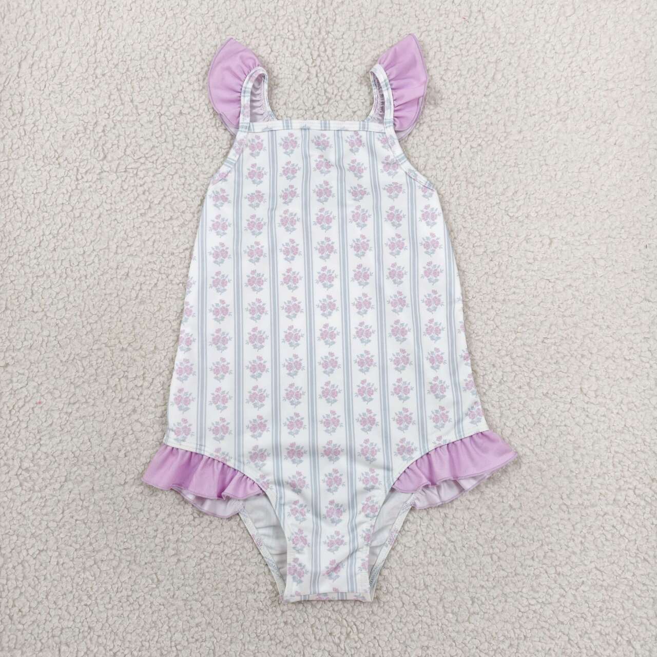 S0643 Purple Floral Stripes Print Baby Girls 1 Piece Swimsuit With Ruffle