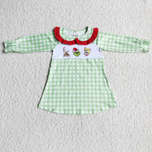 GLD0009 Green Frog Embroidery Checkered Print Girls Christmas Knee Length Dress