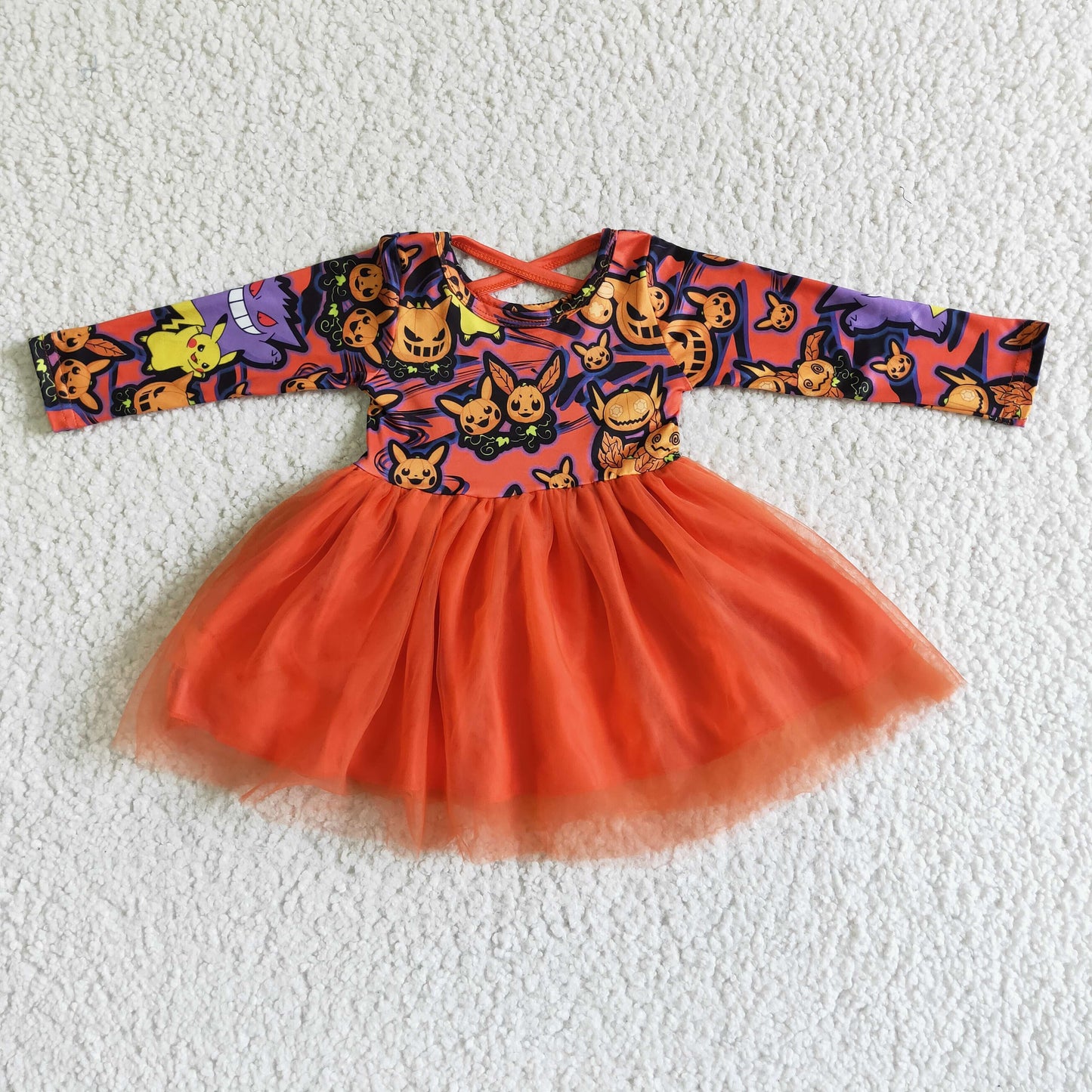 GLD0010 Cartoon Pokémo* Pumpkin Print Girls Halloween Orange Tulle Dress