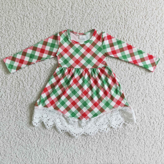 GLD0023 Red Green Checkered Print Girls Christmas Knee Length Dress