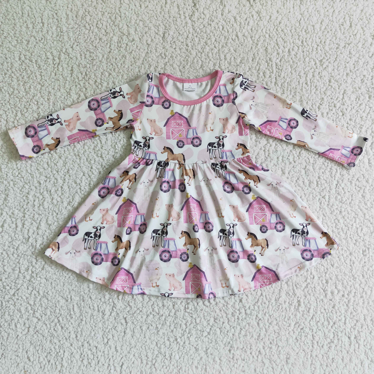 GLD0030 Farm Animals Pink Print Girls Long Sleeve Dress