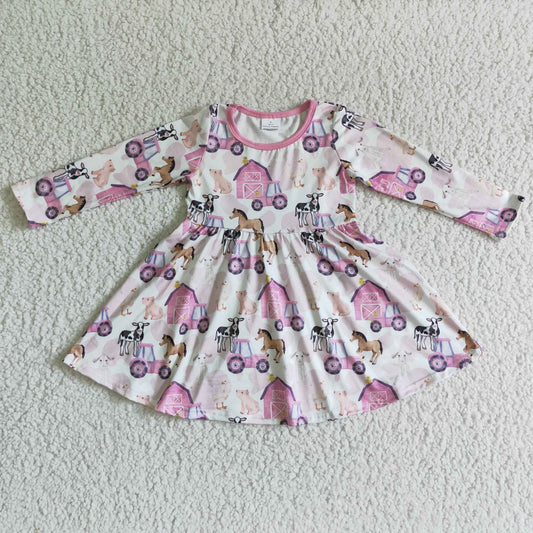 GLD0030 Farm Animals Pink Print Girls Long Sleeve Dress