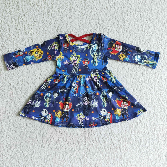 GLD0034 Nightmar* Cartoon Blue Print Girls Halloween Knee Length Dress