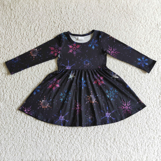 GLD0035 Colorful Snowflake Black Print Girls Christmas Knee Length Dress
