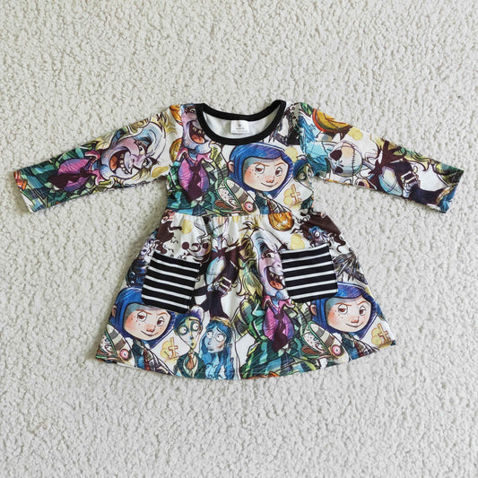 GLD0047 Cartoon Characters Print Girls Pockets Halloween Dress