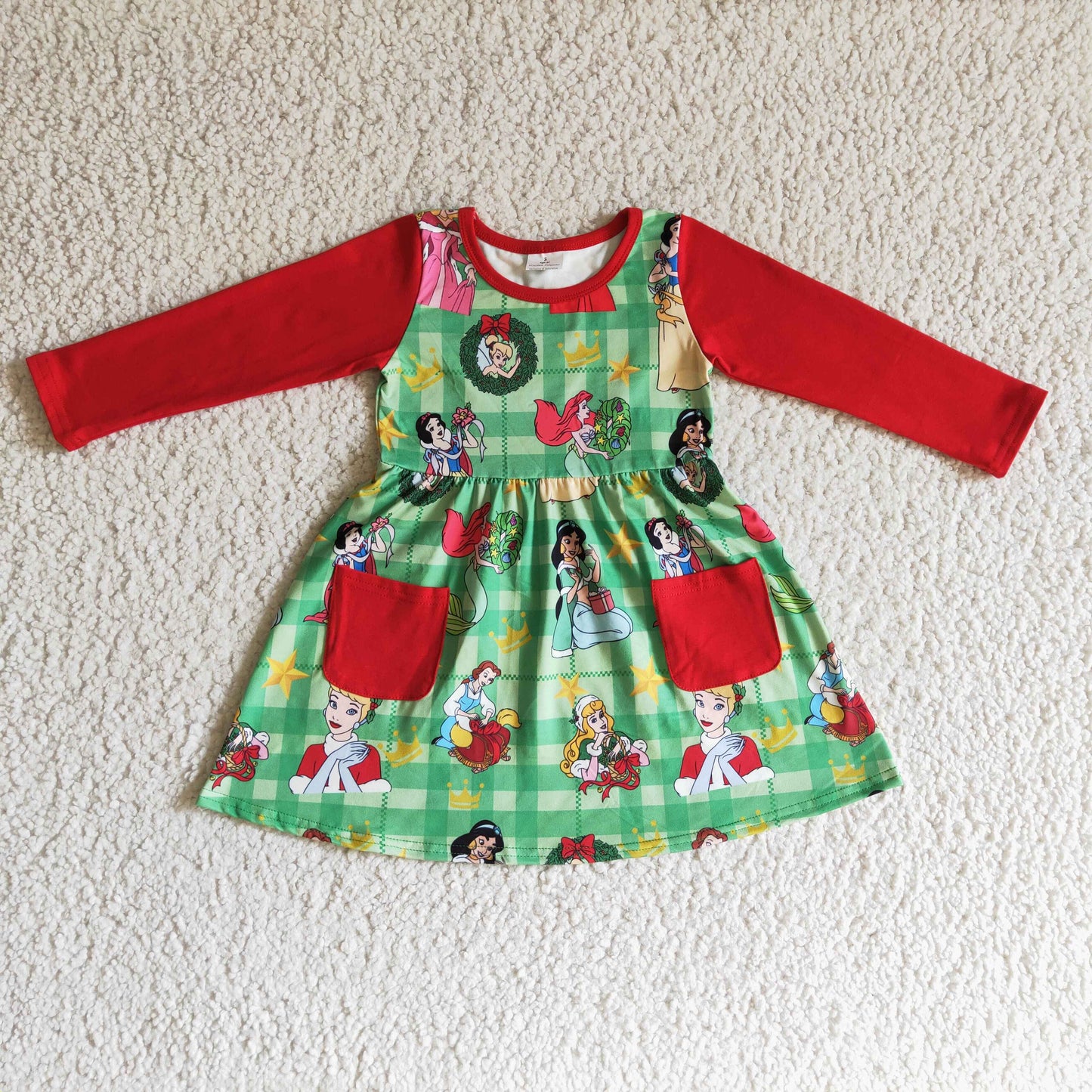 GLD0048 Princess Checkered Holly Print Pockets Girls Christmas Knee Length Dress