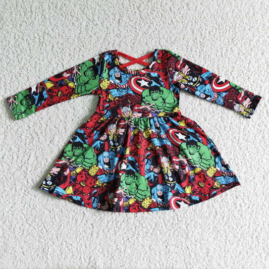 GLD0064 Cartoon Hero Print Girls Knee Length Dress