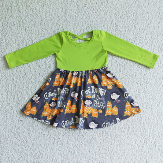 GLD0079 Pumpkin Patch Print Girls Halloween Knee Length Dress