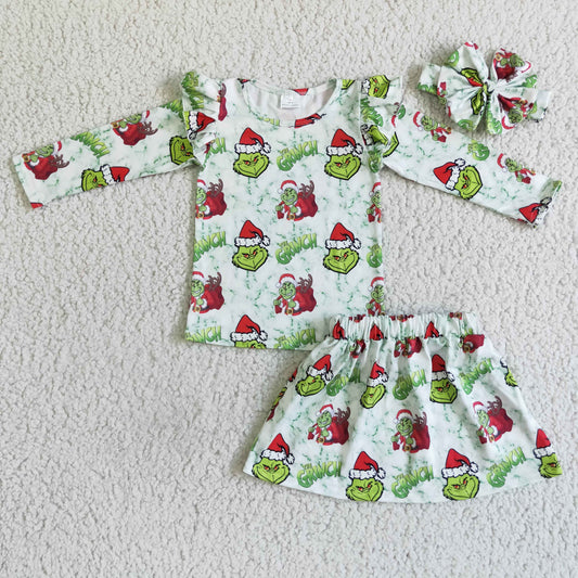 GLD0081 Green Frog Smiling Long Sleeve Top Skirts Girls Christmas 3 pcs Clothes Set