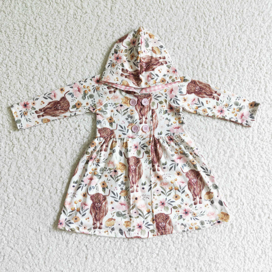 GLD0082 Highland Cow Flowers Print Girls Hoodie Buttons Knee Length Jacket Coat Dress