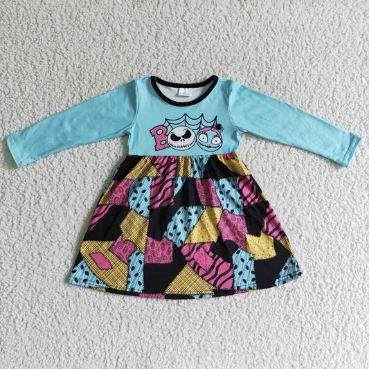 GLD0083 Nightmar* Smiling BOO Blue Print Girls Halloween Knee Length Dress