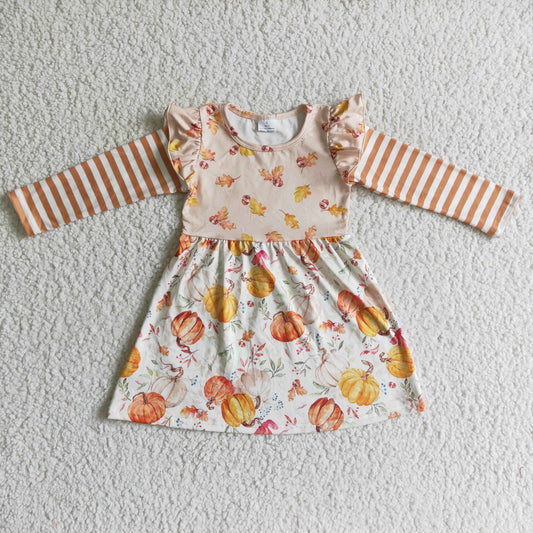 GLD0085 Pumpkin Leaf Print Girls long sleeve knee length dress