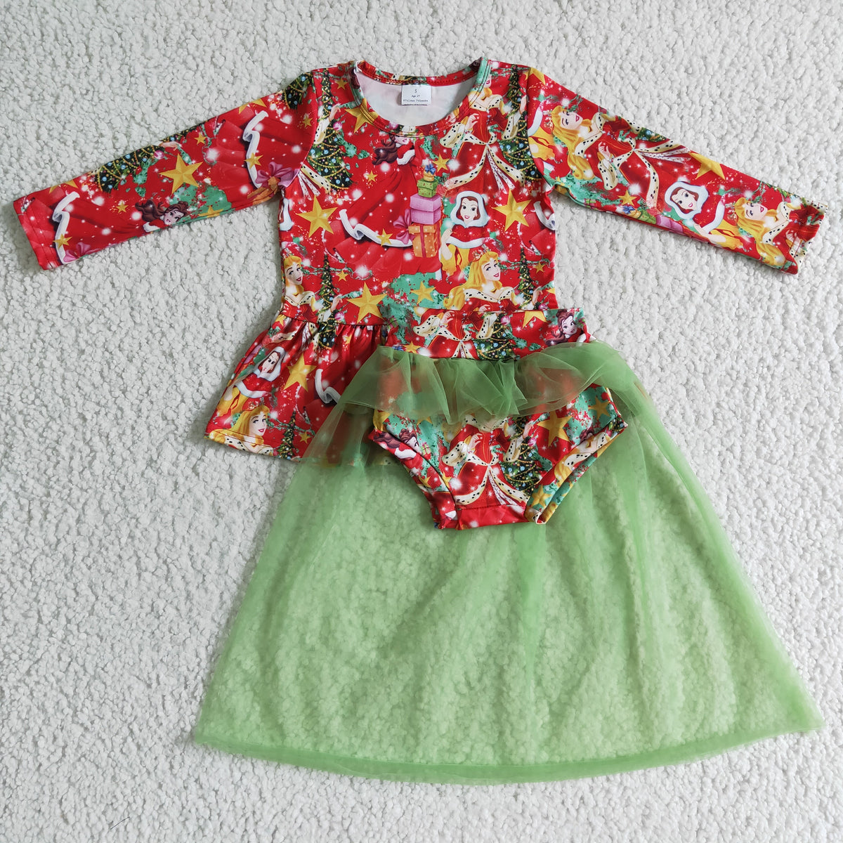 GLD0090 Princess Tree Red Top Green Tulle Shorts Baby Girls Christmas Bummie Set