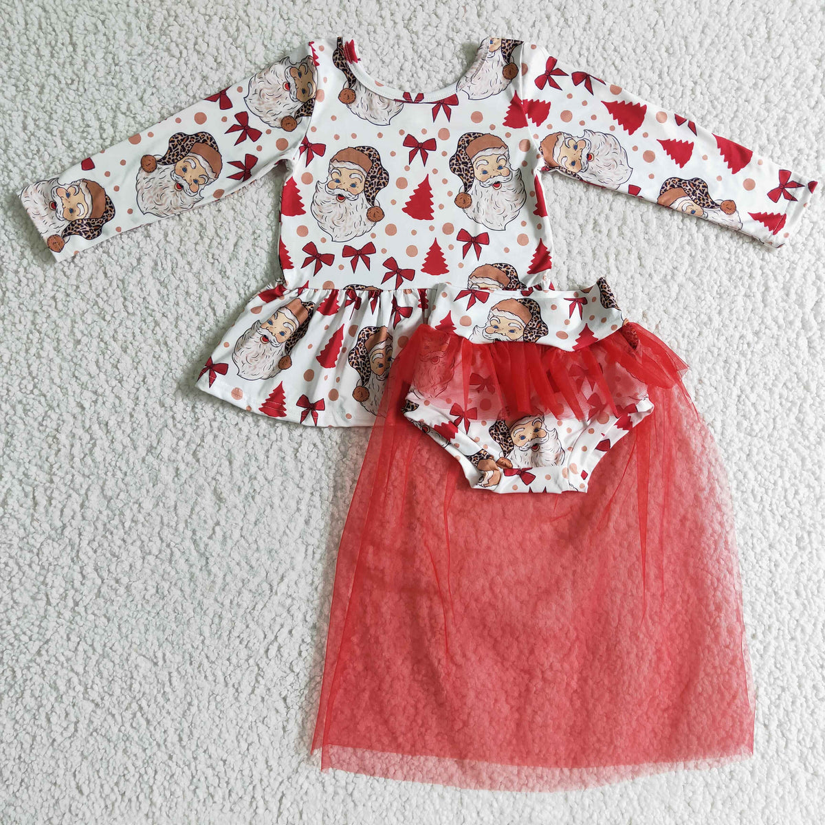 GLD0092 Santa Bows Top Red Tulle Shorts Baby Girls Christmas Bummie Set