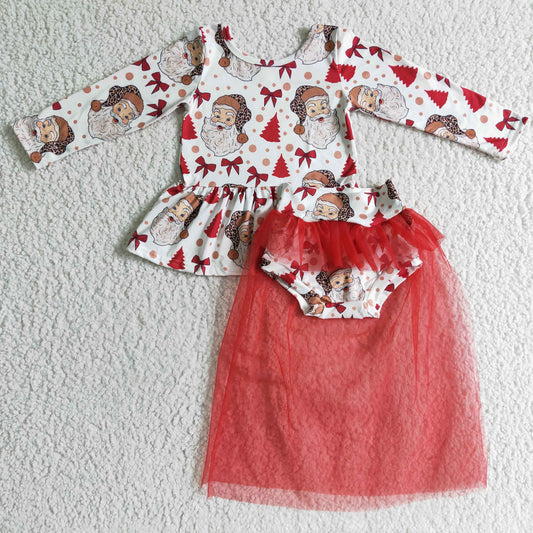 GLD0092 Santa Bows Top Red Tulle Shorts Baby Girls Christmas Bummie Set