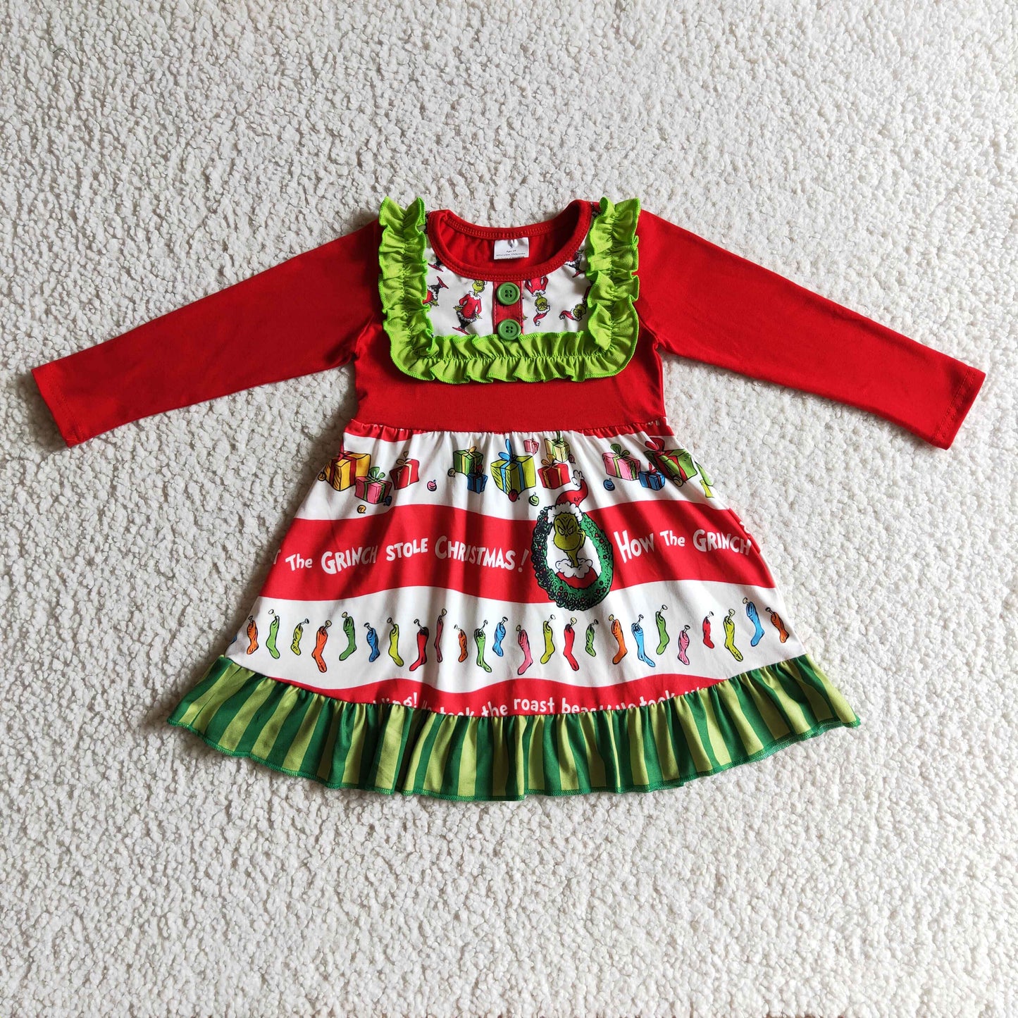 GLD0097 Green Frog Print Girls Christmas Knee Length Dress