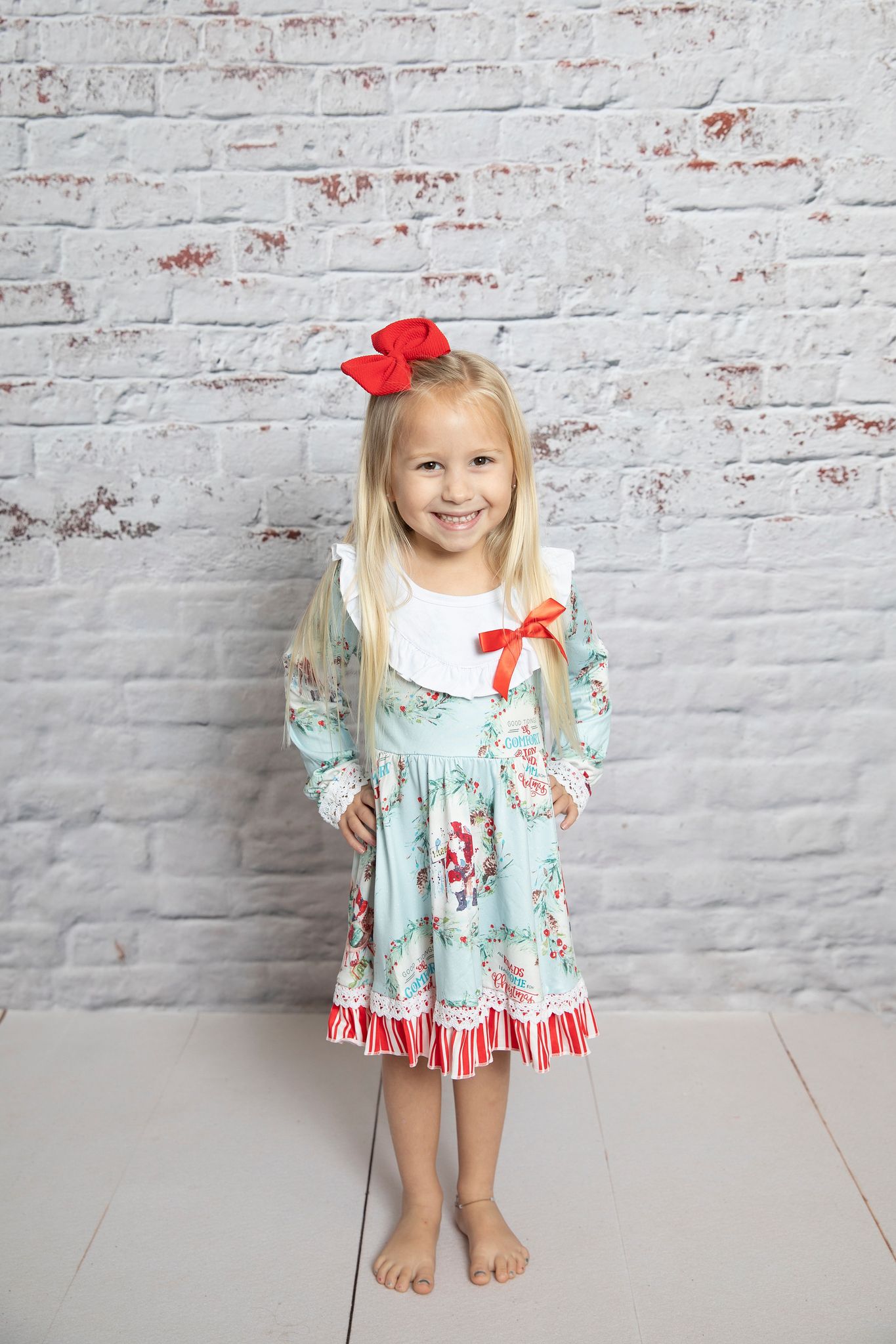 GLD0098 Santa Holly Print Girls Christmas Knee Length Ruffles Dress