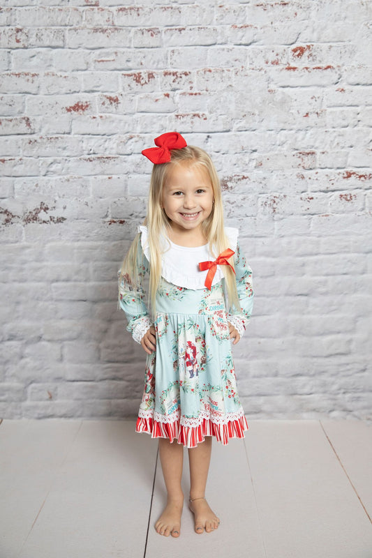 GLD0098 Santa Holly Print Girls Christmas Knee Length Ruffles Dress